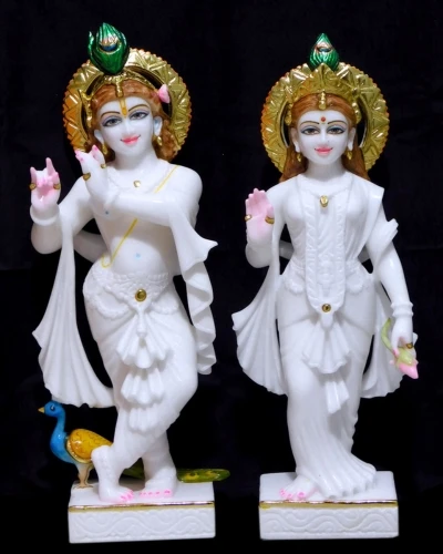 Marble Radha Krishna Statue Wearing Golden Crown